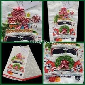 x2 Isaac Mizrahi Embellished 3D Christmas Red Truck Kitchen Towel Set New